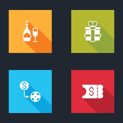 Set Champagne bottle with glass, Gift box, Casino chips exchange and Lottery ticket icon. Vector