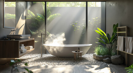 A modern bathroom with pebbles on the floor, a steamy bathtub in white and grey colors, a large window showing greenery outside, steam rising from an iron bowl placed near it, modern wooden furniture