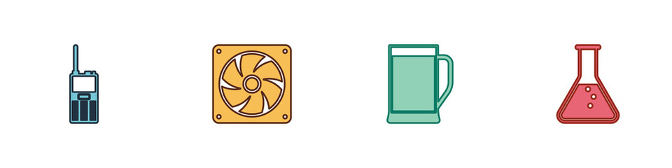 Set Walkie talkie, Computer cooler, Glass of beer and Test tube and flask icon. Vector