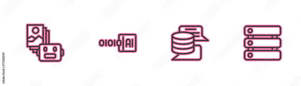 Poster set line artificial intelligence robot, server, data, binary code and icon. vector