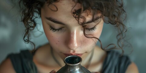 Young woman using a metal neti pot to clear her sinuses focusing on her face. Concept Sinus Relief, Neti Pot Usage, Wellness Practice, Nasal Health, Young Woman, Home Remedies