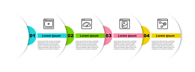 Set line Online play video, Digital speed meter, Photo retouching and Browser window. Business infographic template. Vector