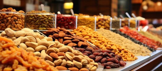 A variety of natural foods, including dried fruits and nuts, are displayed on a table. These...