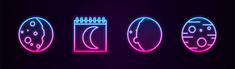 Set line Eclipse of the sun, Moon phases calendar, and Planet Mars. Glowing neon icon. Vector