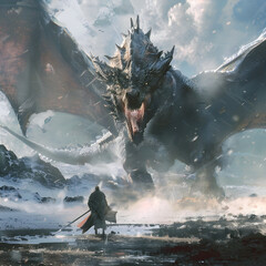 An epic battle between a brave armored paladin warrior and a giant epic fire dragon in a fantasy realm of myth and legend - obrazy, fototapety, plakaty
