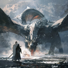 An epic battle between a brave armored paladin warrior and a giant epic fire dragon in a fantasy realm of myth and legend