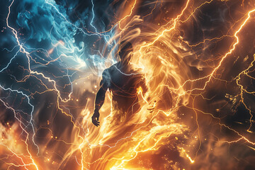 super hero enters with the thunder light - obrazy, fototapety, plakaty