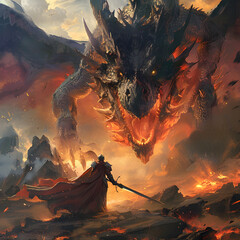 An epic battle between a brave armored paladin warrior and a giant epic fire dragon in a fantasy realm of myth and legend