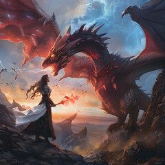 An epic battle between a colossal dragon and a legerndary magical female wizard sorceress - obrazy, fototapety, plakaty