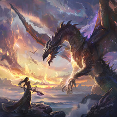 An epic battle between a colossal dragon and a legerndary magical female wizard sorceress