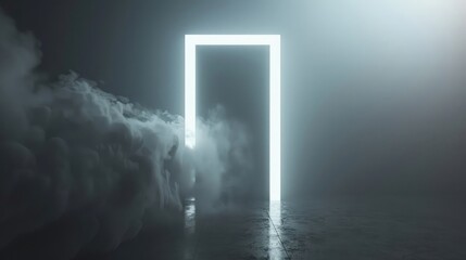 Open the door tunnel white rectangle an empty dark scene, Rays of neon light in the dark, spotlights, and a studio room with smoke float up the interior texture for the display products wall set
