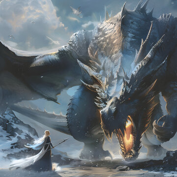 An epic battle between a colossal dragon and a legerndary magical female wizard sorceress