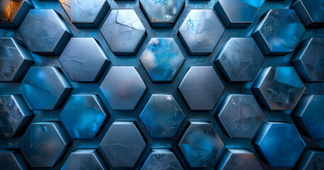 Close up of an electric blue hexagonal pattern on a metal grille wall - obrazy, fototapety, plakaty