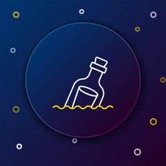 Line Glass bottle with a message in water icon isolated on blue background. Letter in the bottle. Pirates symbol. Colorful outline concept. Vector