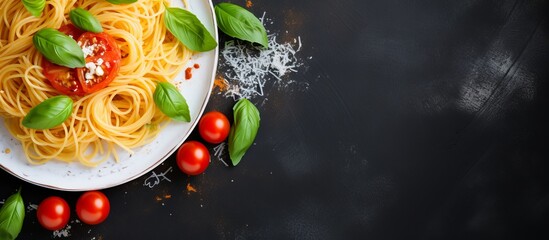 A dish of spaghetti with tomatoes and basil, a classic Italian recipe, served on a sleek black plate as a fast food option. The garnish adds a pop of color to the dish