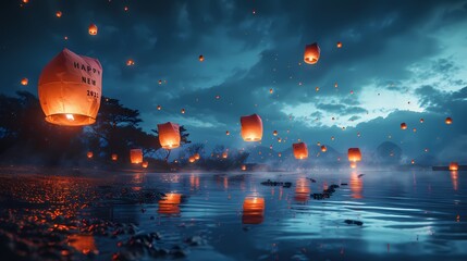"HAPPY NEW YEAR 2025" spelled out with floating lanterns in the night sky