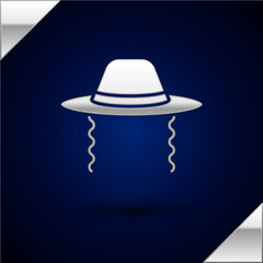 Silver Orthodox jewish hat with sidelocks icon isolated on dark blue background. Jewish men in the traditional clothing. Judaism symbols. Vector