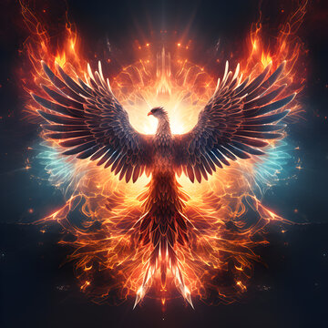 A symbol or logo of a fire phoenix, rebirthing from the ashes into myth and legend