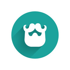 White Mustache and beard icon isolated with long shadow background. Barbershop symbol. Facial hair style. Green circle button. Vector