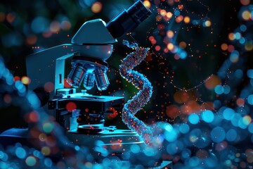 A microscope digitally analyzes a DNA helix, highlighting the technological advancements in genetic sequencing and research. - obrazy, fototapety, plakaty