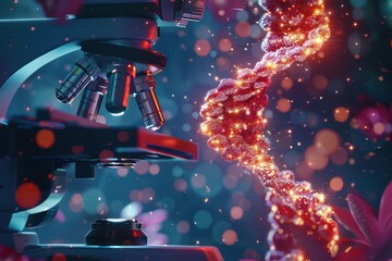 Highlighting the technological advancements in genetic sequencing and research, a microscope digitally analyzes a DNA helix. - obrazy, fototapety, plakaty