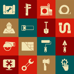 Set Settings in the hand, Trowel, Industry pipe, Paint bucket brush, Hand saw, Builder, Graphing paper wrench and Shovel icon. Vector