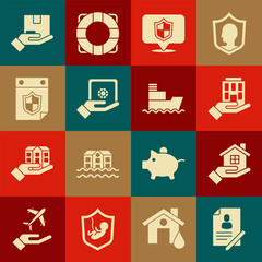 Set Document with shield, House in hand, Location, Safe, Calendar, Delivery insurance and Ship icon. Vector