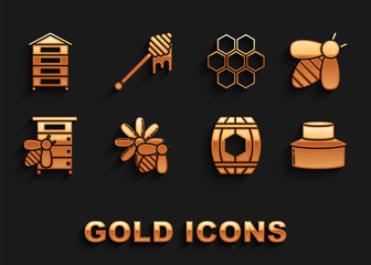 Set Bee and flower, Beekeeper with protect hat, Wooden barrel honey, Hive for bees, Honeycomb, and dipper stick dripping icon. Vector