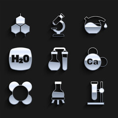 Set Test tube, flask on stand, Mineral Ca Calcium, Molecule, Chemical formula H2O, and icon. Vector
