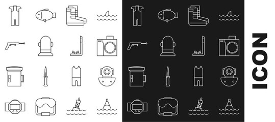 Set line Floating buoy on the sea, Aqualung, Photo camera for diver, Boots, Buoy, Fishing harpoon, Wetsuit scuba diving and Snorkel icon. Vector