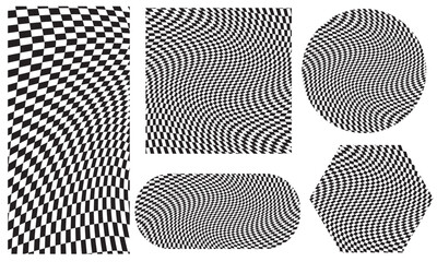 Distorted vector checkered seamless pattern. Groovy twisted grid. Psychedelic dynamic banner background. Retro 70s trippy hippie wavy aesthetic chess backdrop in black and white racing flag . vector.
