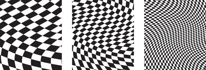 Distorted vector checkered seamless pattern. Groovy twisted grid. Psychedelic dynamic banner background. Retro 70s trippy hippie wavy aesthetic chess backdrop in black and white racing flag . vector.
