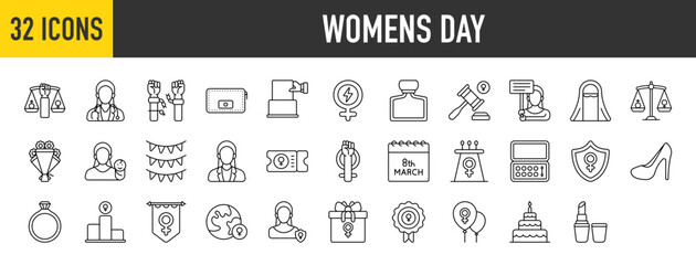 32 Womens day icons set. Containing Human Rights, Doctor, Freedom, Girl Power, Purse, Protest, Perfume, Law, Equality, Speech, Flower Bouquet and Arab Woman more Vector illustration collection.