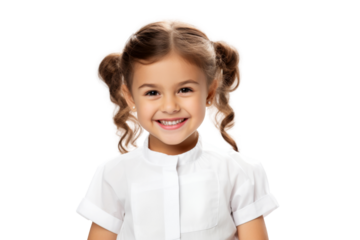 Studio portrait of cute little girl wearing student school uniform costume with smile and looking at camera isolated on transparent png background.