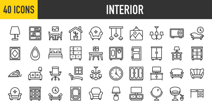 40 Interior icons set. Containing Floor Lamp, Bookshelves, Dining Room, Indoor Plants, Ceiling Light, Chandelier, Carpet, Painting, Divan and Microwave Oven more Vector illustration collection.