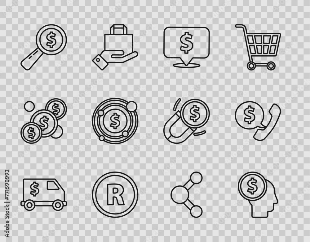 Poster Set line Armored truck, Business man planning mind, Speech bubble with dollar, Registered Trademark, Magnifying glass and, Target symbol, Share and Telephone handset speech chat icon. Vector