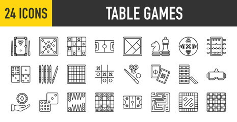 24 Table Games icons set. Containing Pool Table, Soccer Field, Vr Glasses, Carrom, Chess, Tangram, Sudoku, Table Soccer, Tic Tac Toe, Board Game, Gamble, Billiard more vector illustration collection. - obrazy, fototapety, plakaty