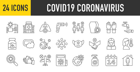  24 Covid19 Coronavirus icons set. Containing Social Distancing, No Travelling, Thermometer, Hospital, Face Mask, Hand Washing, Lungs, Global, Fever and Coffin more vector illustration collection.