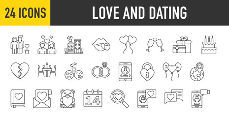  24 Love and Dating icons set. Containing Couple, Honeymoon, Balloons, Kiss, Romantic Dinner, Birthday Cake, Gift Box, Broken Heart and Online Dating more vector illustration collection.