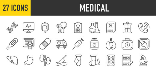 Fototapeta na wymiar 27 Medical icons set. Containing First Aid Kit, X-ray, Biochemistry, Blood Bag, Kidneys, Cardiogram, Blood Test, Hospital, Stethoscope, Lungs, Surgery and Medical more vector illustration collection. 