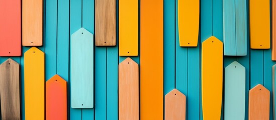 A colorful row of wooden boards with varying tints and shades against an electric blue background, showcasing a beautiful art pattern in parallel rectangles