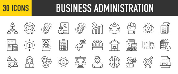 Fototapeta na wymiar 30 Business Administration icons set. Containing Collaborate, Profit And Loss, Implement, Profitable, Turnover, Budget, Merchandise, Recruit and Supervision more vector illustration collection.