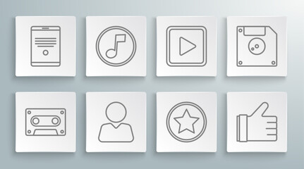 Set line Retro audio cassette tape, Music note, tone, Add friend, Star, Hand like, Play in square, Floppy disk for computer data storage and Tablet icon. Vector