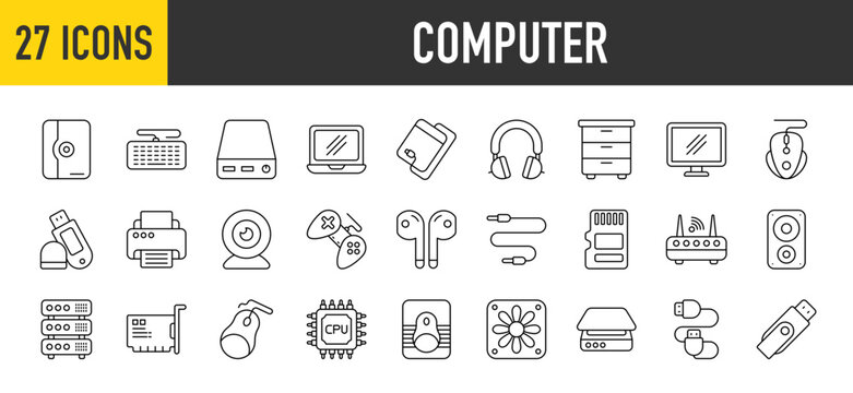 27 Computer icons set. Containing Power Bank, Server, Usb, Gamepad, Speaker, Notebook, Cabinet, Modem, Scanner, Keyboard, Hardware, Cpu, Cable  and Scanner  more vector illustration collection.