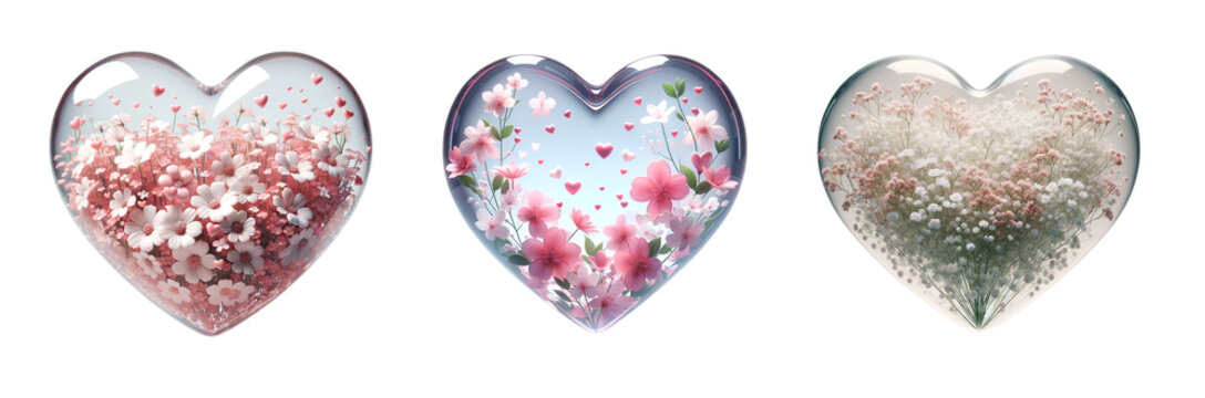 3d realistic pink flower glass heart icon set isolated on a transparent background.