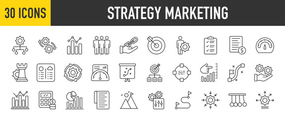 30 Strategy Marketing icons set. Containing Strategies, Ecommerce, Branding, Seo, Electronic Devices, Reports, Analysis, Social more Vector illustration collection. - obrazy, fototapety, plakaty