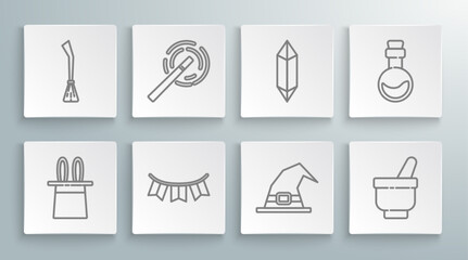 Set line Magician hat and rabbit ears, wand, Carnival garland with flags, Witch, mortar pestle, stone, Bottle love potion and Witches broom icon. Vector