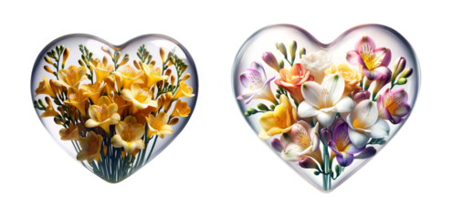 3d realistic pink flower glass heart icon set isolated on a transparent background.