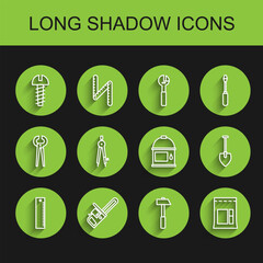 Set line Ruler, Chainsaw, Metallic screw, Hammer, Cement bag, Drawing compass, Shovel and Paint bucket icon. Vector