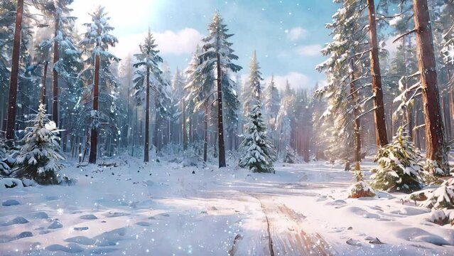 Pine forest, snow-laden trees, sunlight reflects off snow, a picturesque 4k looping Christmas video backdrop